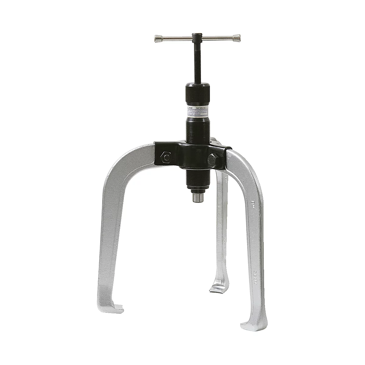 Dreifuß-Abzieher. Silberfarbene Greifarme, schwarzer, zylindrischer Mittelteil mit Handgriff.